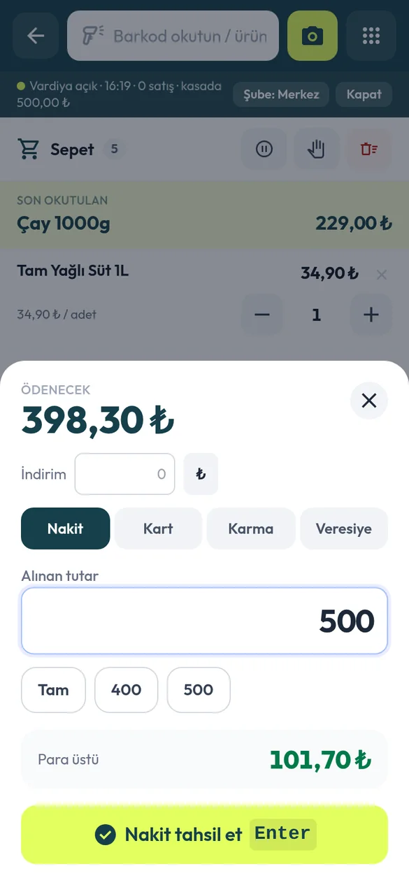 Epix Market telefonda nakit ödeme ekranı: alınan tutar ve para üstü