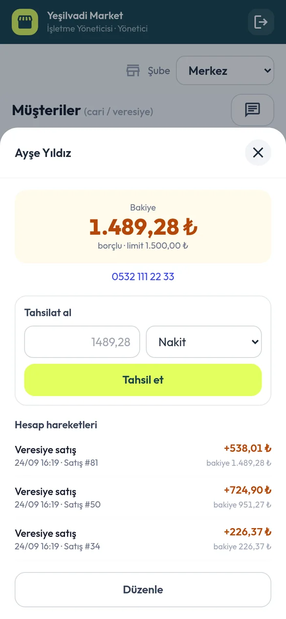 Epix Market müşteri ekstresi ve tahsilat ekranı